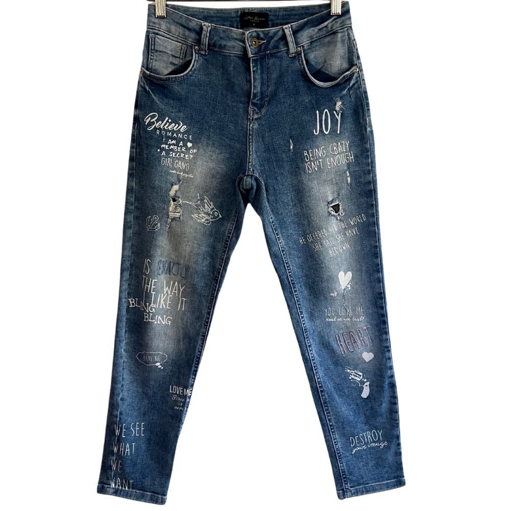 After Hours Mohito Jeans Womens 36 Blue Graffiti Distressed Y2K Straight Leg